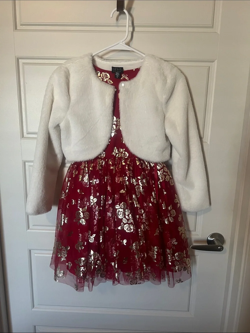 Carter's Girls' Red Metallic Floral Tulle Dress with Cream Faux-Fur Bolero